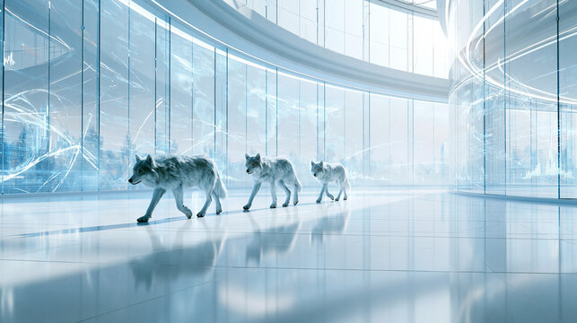 Futuristic 3D illustration of three white wolves patrolling a modern high tech server room