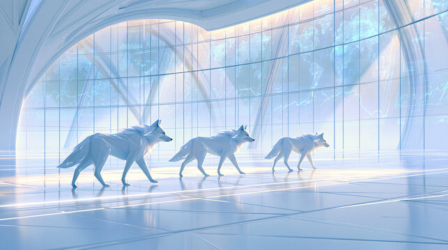 3D render of low polygon geometric white wolves walking in a futuristic cyber data center