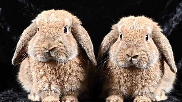 Two adorable brown rabbits with long ears sitting on dark velvet fabric