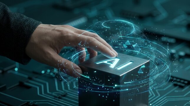 Hand activating AI technology with glowing digital network