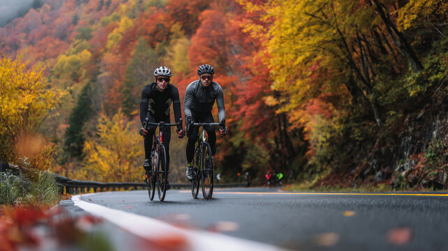 Cardio sports cycling biking exercise training, healthy lifestyle. Two cyclists wearing helmets, sunglasses, and gloves riding down a road surrounded by vibrant fall foliage.