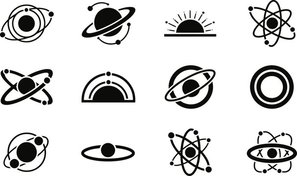 Set of atomic and electron orbit icons with nucleus and particles in science symbols Vector