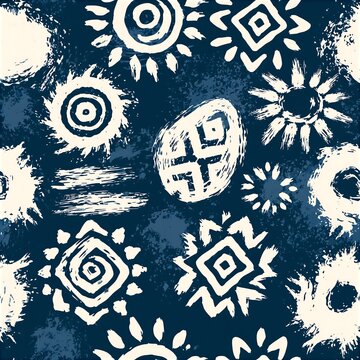 Indigo blue seamless pattern with wax-resist Ukrainian egg motifs