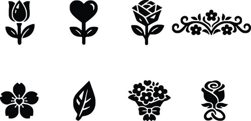Fototapeta premium Four black and white simple flower and plant icons with leaf and swirl designs Vector
