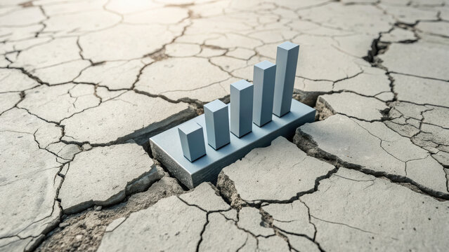 A graph chart emerging from cracked ground symbolizes economic instability or growth despite challenges