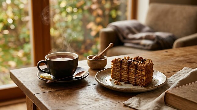 slice of layered honey cake with steaming cup of tea on wooden table