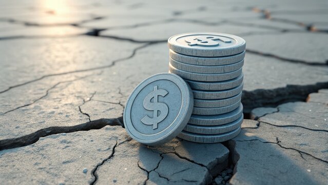 Stacked silver coins with dollar symbol on cracked dry ground surface under soft sunlight, symbolizing financial challenges and resilience