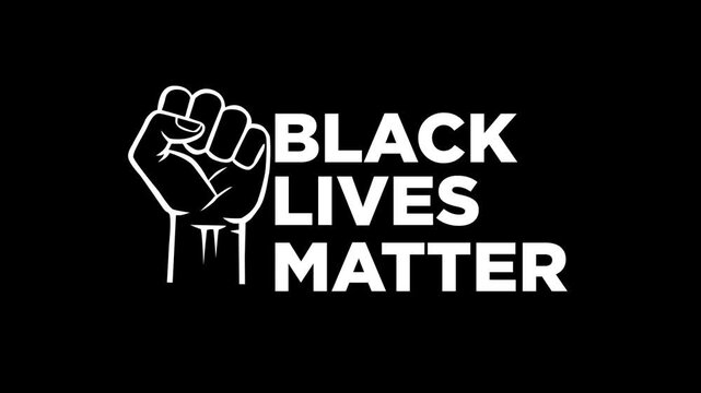 Black Lives Matter animated text with fist symbols on black background. Strong gesture shows unity and defiance. Suitable for protest, activism