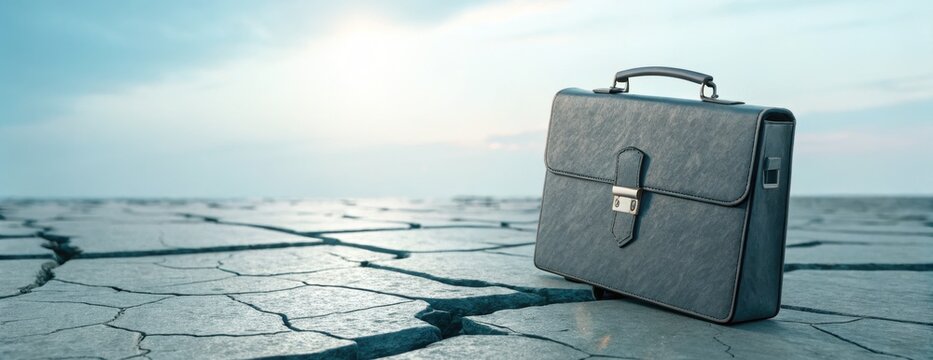 Briefcase cracked ground dry soil business concept leather bag drought outdoor sunlight isolated empty landscape