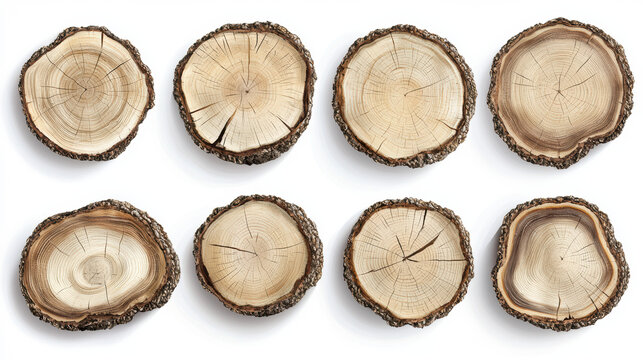 Eight textured tree trunk cross sections, displaying s and bark, arranged on a clean white backdrop and illuminated with bright overhead lighting beautifully.