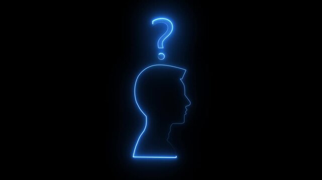 Glowing neon line Human head with question mark icon isolated on Black background.Help icon, support concept, call center and customer service animation 4k video.