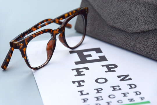 Eye test chart and glasses on blue background