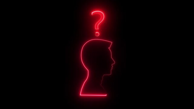 Glowing neon line Human head with question mark icon isolated on Black background.Help icon, support concept, call center and customer service animation 4k video.