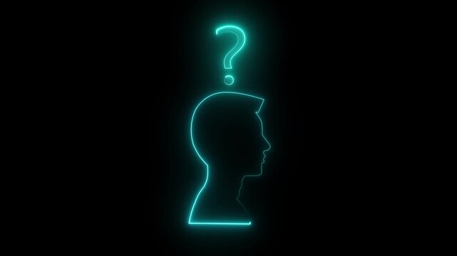 Glowing neon line Human head with question mark icon isolated on Black background.Help icon, support concept, call center and customer service animation 4k video.