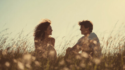 Naklejka premium Romantic love theme for Valentines Day. A man and woman seated in tall grass, illuminated by the golden light of the setting sun. The woman, wearing a lightcolored dress, has curly hair and smiles.