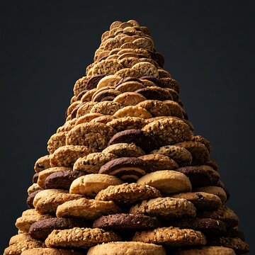 Towering Pyramid of Assorted Mixed Cookies on a Dark Background