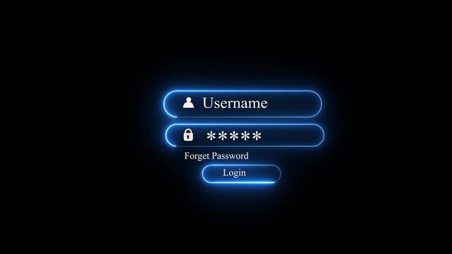 Abstract neon typing User name log in form selects with password system. Black background and password input login animation on screen motion.