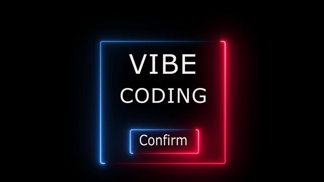 Reaches for a confirm button surrounded by code representing vibe coding, low code, coding programs in a futuristic design Motion graphic.