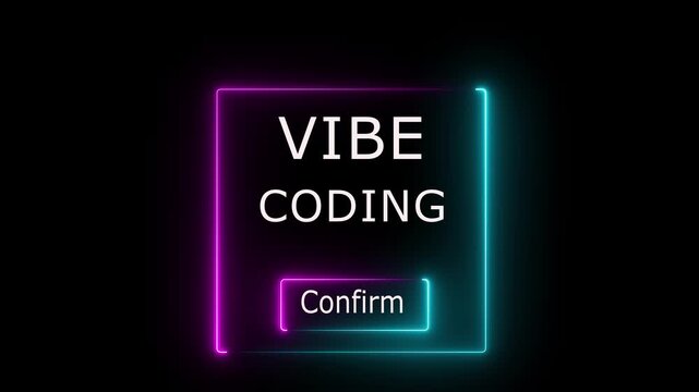 Reaches for a confirm button surrounded by code representing vibe coding, low code, coding programs in a futuristic design Motion graphic.