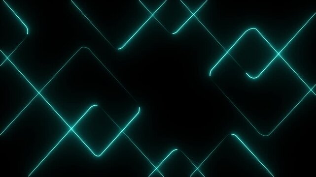 A vibrant abstract background featuring dynamic neon line patterns in shades of cyan . Neon cyan laser lines animation with black background And 4k animation video.