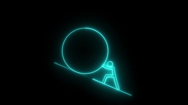 Neon hard work icon isolated on black background. Neon outline of pushing boulder upward symbolizing effort and perseverance. the man hard working neon icon animation motion graphic.