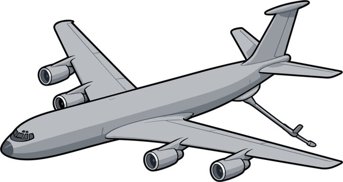 A gray illustration of a four-engine aerial refueling tanker aircraft. The plane has its refueling boom extended.