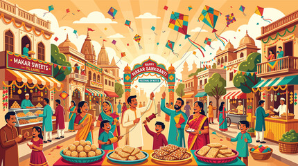 Obraz premium Vibrant Indian street festival celebration scene.