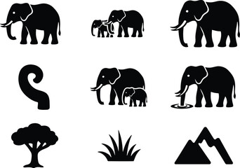 Black and white elephant family with baby vector illustrations and nature elements Vector © MstSabrina