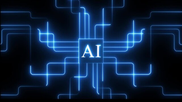 Digital Data moving on ai Circuit Board and Black backgrounds. neon abstract futuristic tech with ai circuit board lines. Computer Processing and organizing data. ai Motherboard circuit 4k animation.
