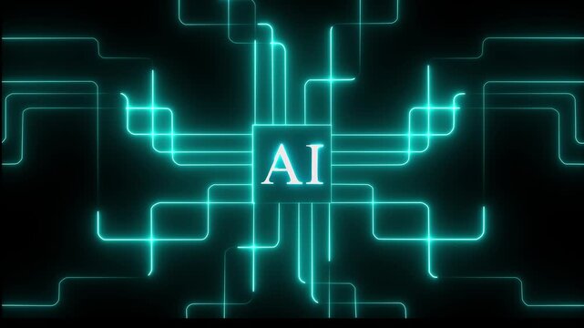 Digital Data moving on ai Circuit Board and Black backgrounds. neon abstract futuristic tech with ai circuit board lines. Computer Processing and organizing data. ai Motherboard circuit 4k animation.