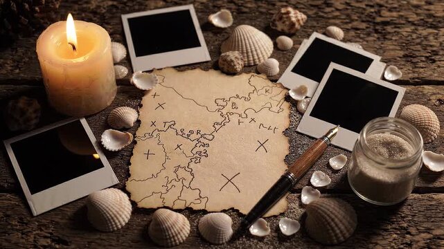 Vintage treasure map with marked locations, surrounded by seashells, polaroid photos, a candle, and a jar of sand on a rustic wooden table
