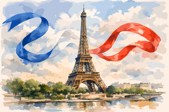 Watercolor painting of the iconic Eiffel Tower in Paris, France, with flowing blue and red ribbons against a cloudy sky and river reflection.