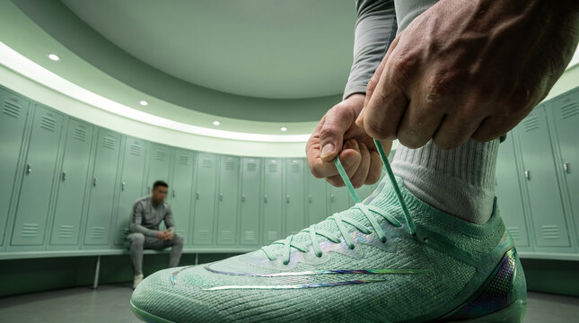 Close up of an athlete tying laces of a green shoe in locker room