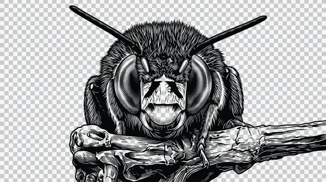 Large black and white illustration of an angry bee on a branch on white background