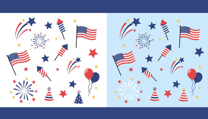 Obraz premium Collection of patriotic American holiday elements including fireworks, flags, stars, and balloons on white and blue backgrounds.