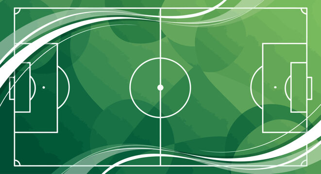 Flat vector background for world cup football poster, abstract football field shapes, dynamic lines, global sports theme, white and emerald green color palette, minimal modern style, high-quality