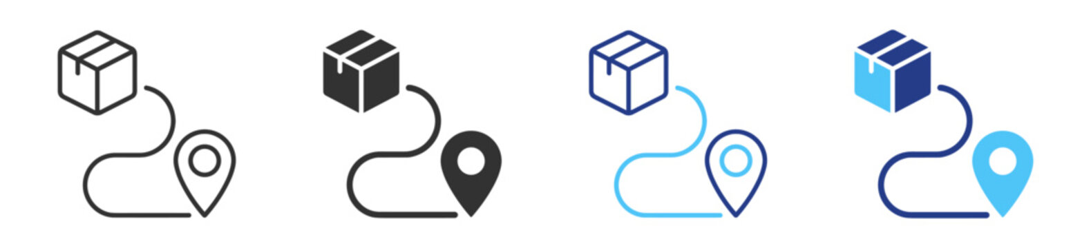 Package location tracking icons, shipping, delivery route and logistics service symbols on transparent background