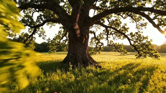 Oak tree stands prominently in the center of a golden sunlit meadow at the edge of a forest.
