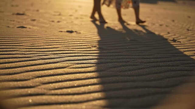Two individuals walking barefoot on sandy beach at sunset, casting long shadows on textured sand, creating a serene and tranquil atmosphere