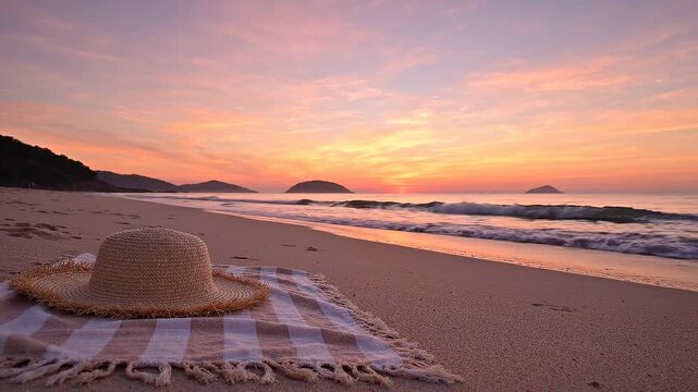 Straw sun hat resting on a checkered blanket on sandy beach at sunset, with gentle waves lapping against the shore and distant hills visible in the background