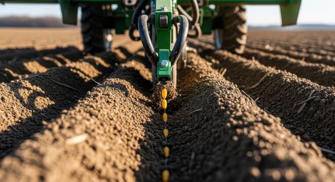 Precision agriculture planter depositing seeds in tilled soil for optimal crop growth