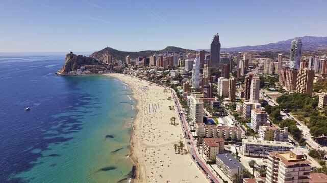 Aerial coastline with skyscrapers and beach Benidorm Spain.