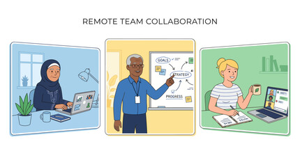 Naklejka premium Diverse individuals collaborating remotely on a project showcasing modern teamwork.