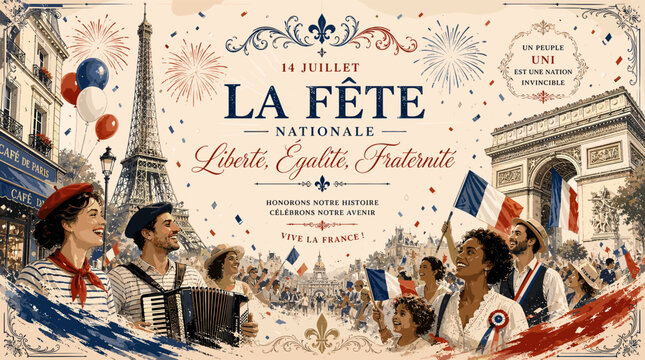 A vibrant illustration celebrating Bastille Day, France's National Day, with iconic Parisian landmarks and joyful crowds waving French flags.