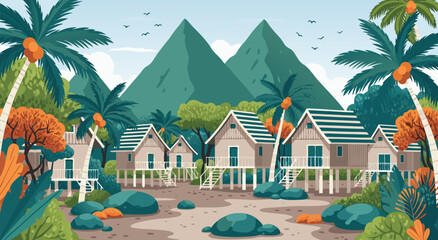 Serene tropical village vector illustration showcasing stilted houses nestled amidst lush greenery and mountains, perfect for travel and lifestyle themes © Purnomo