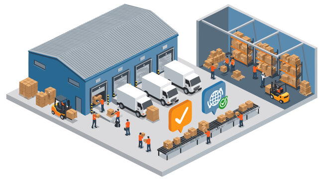 Warehouse and Logistics Management with Delivery Trucks and Forklifts in an Isometric Vector Illustration