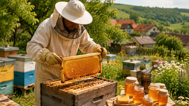 Beekeeper inspecting honeycomb frame in rural apiary