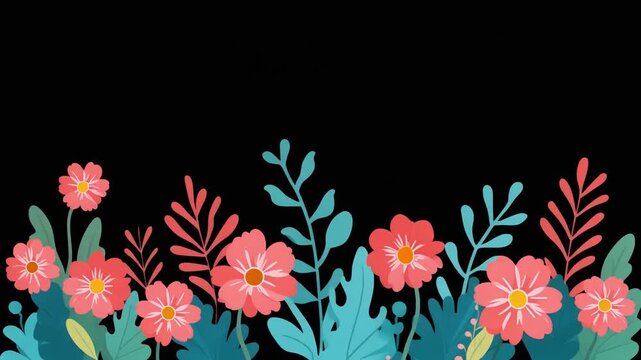 Animated vector flat design of coral pink flowers and teal leaves on a black background