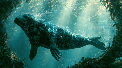 Fototapeta premium Seal Swimming in Ocean's Marine Ecosystem: Capturing Aquatic Animal Beauty and Natural Habitat Photography