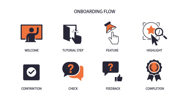 Onboarding Flow Icons: Welcome, Tutorial, Feature, Highlight, Confirmation, Check, Feedback, Completion
